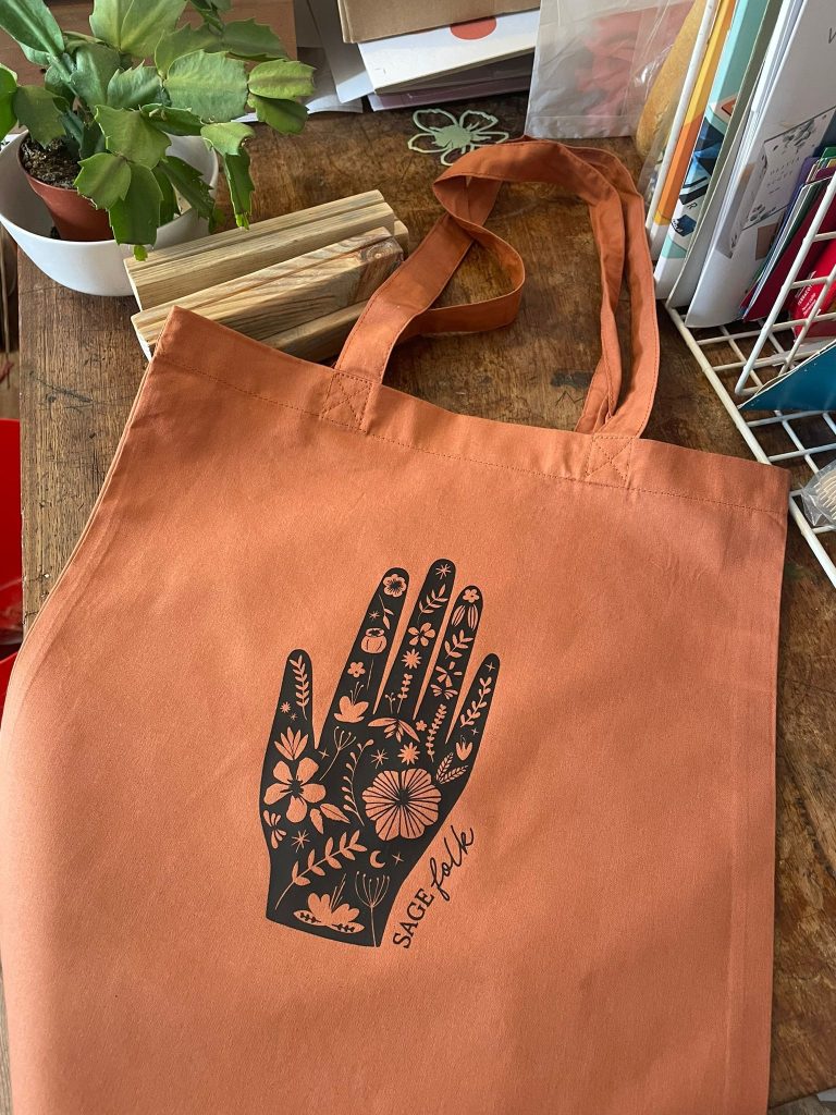 Sage Folk x ilikepens studio folk hand tote bag in terracotta