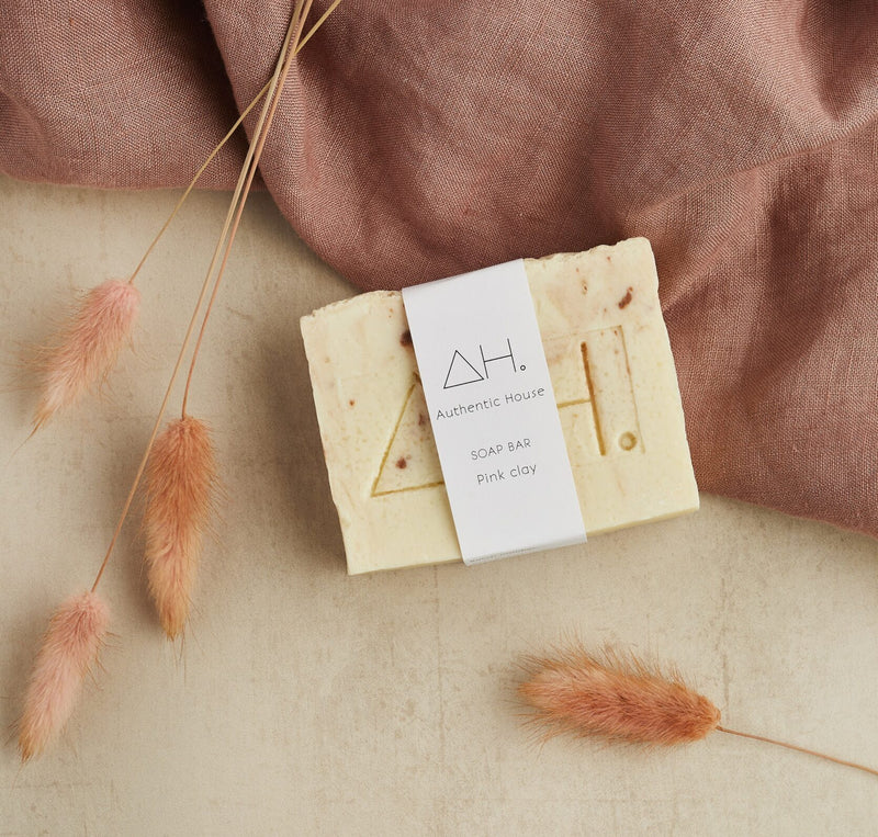 A plastic free cleansing soap bar with pink clay swirled throughout. Handmade in the UK by Authentic House | Available at Sage Folk