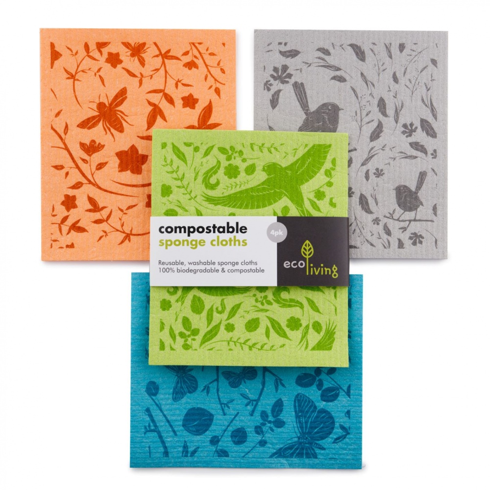a green, grey, blue and orange cloth with bee, bird and butterfly botanical prints. Plastic free and compostable cleaning cloths.