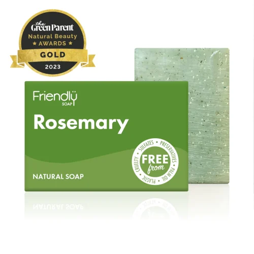 Rosemary herbal soap bar by Friendly Soap. Pictured with green card packaging box
